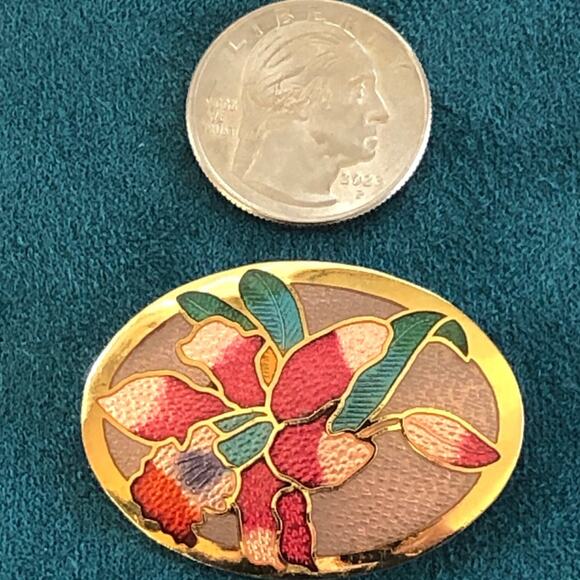 Vintage Cloisonné Enamel Pink Red Oval Floral Brooch Pin - Picture 6 of 6